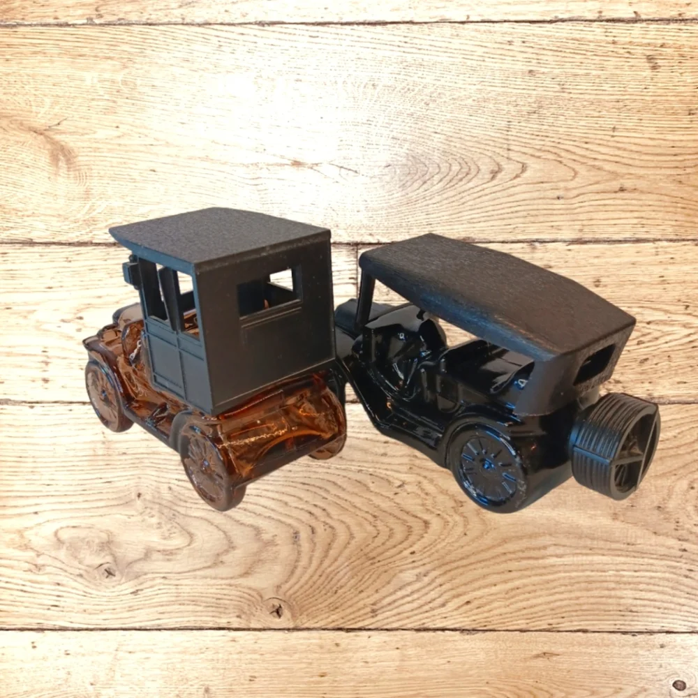 Avon Vintage Set of 2 Glass Touring Cars: Amber Reo & Black Touring T Empty